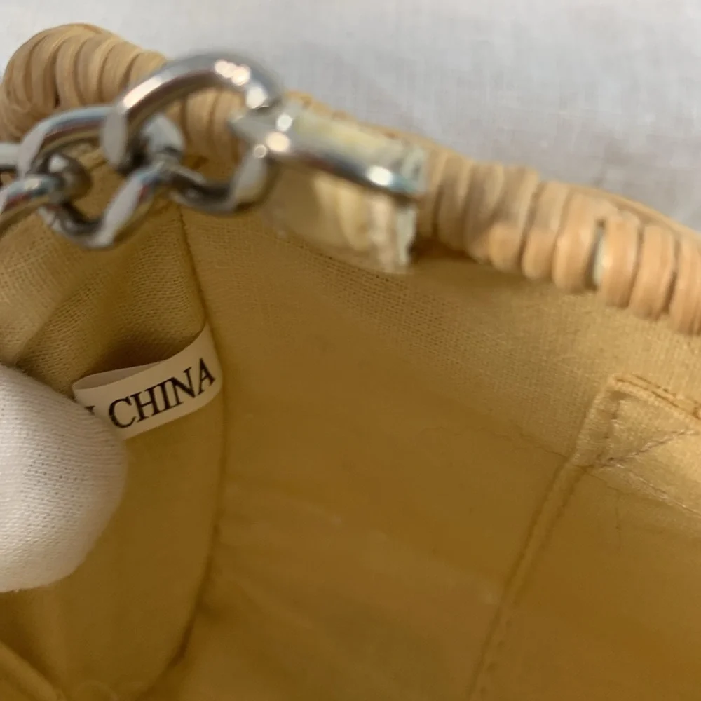 Women’s Beige and Cream Wicker and Reptile Print Patent Leather Chain Strap Bag
